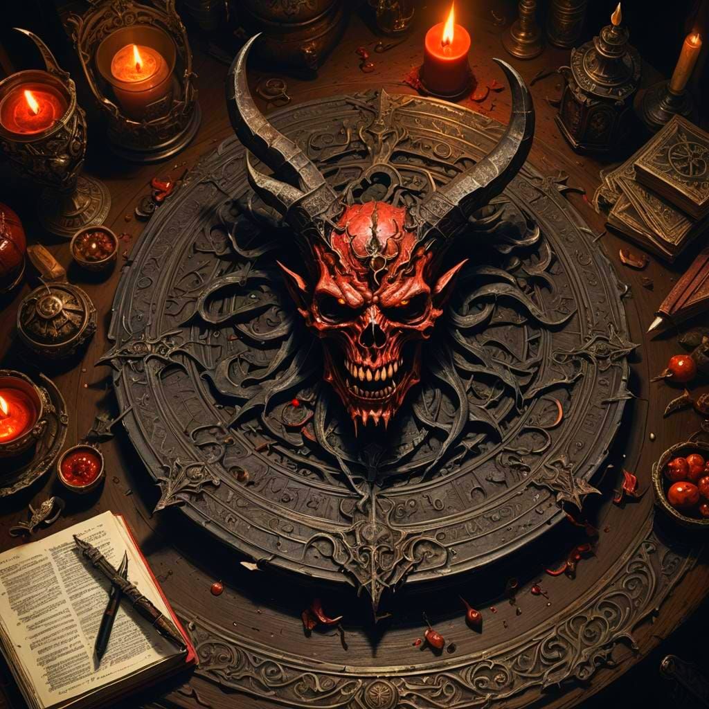 Satanic Book in Dusty Attic, Dark Fantasy Art