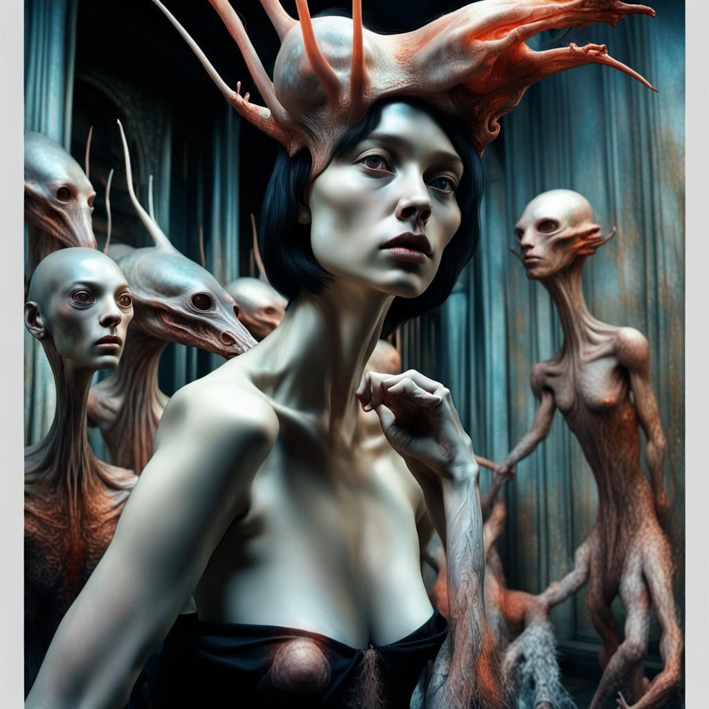 Alien People and Pets in a Surreal Landscape