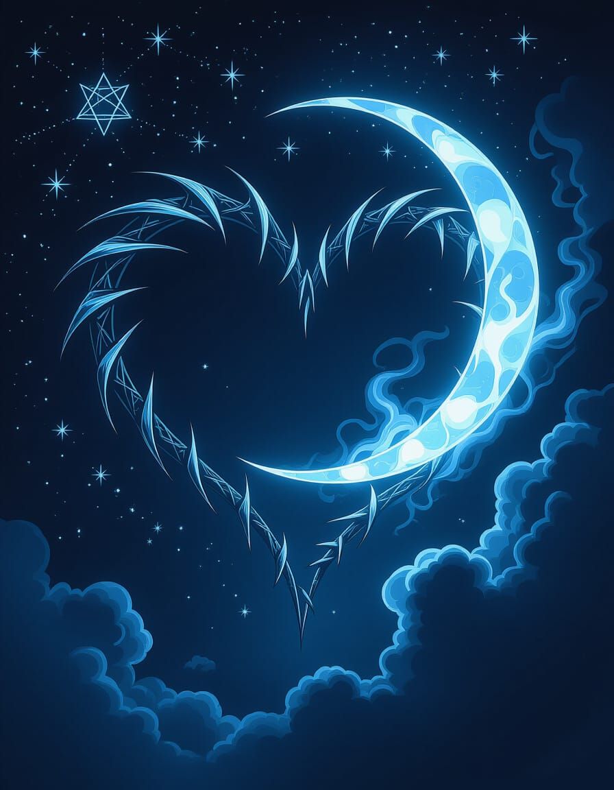 Claw Mark Heart with Crescent Moon and Heptagrams
