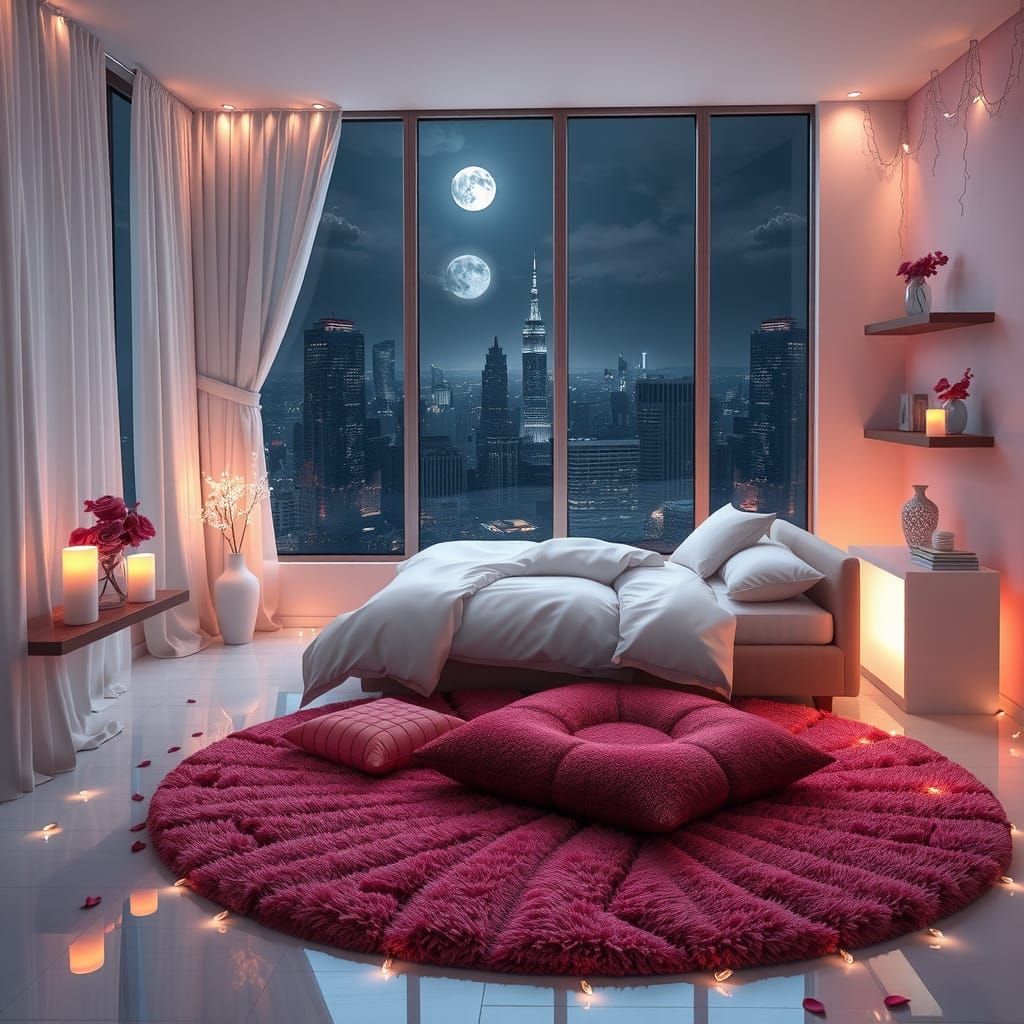 A cozy feeling bedroom with soft white fairy lights and soft...