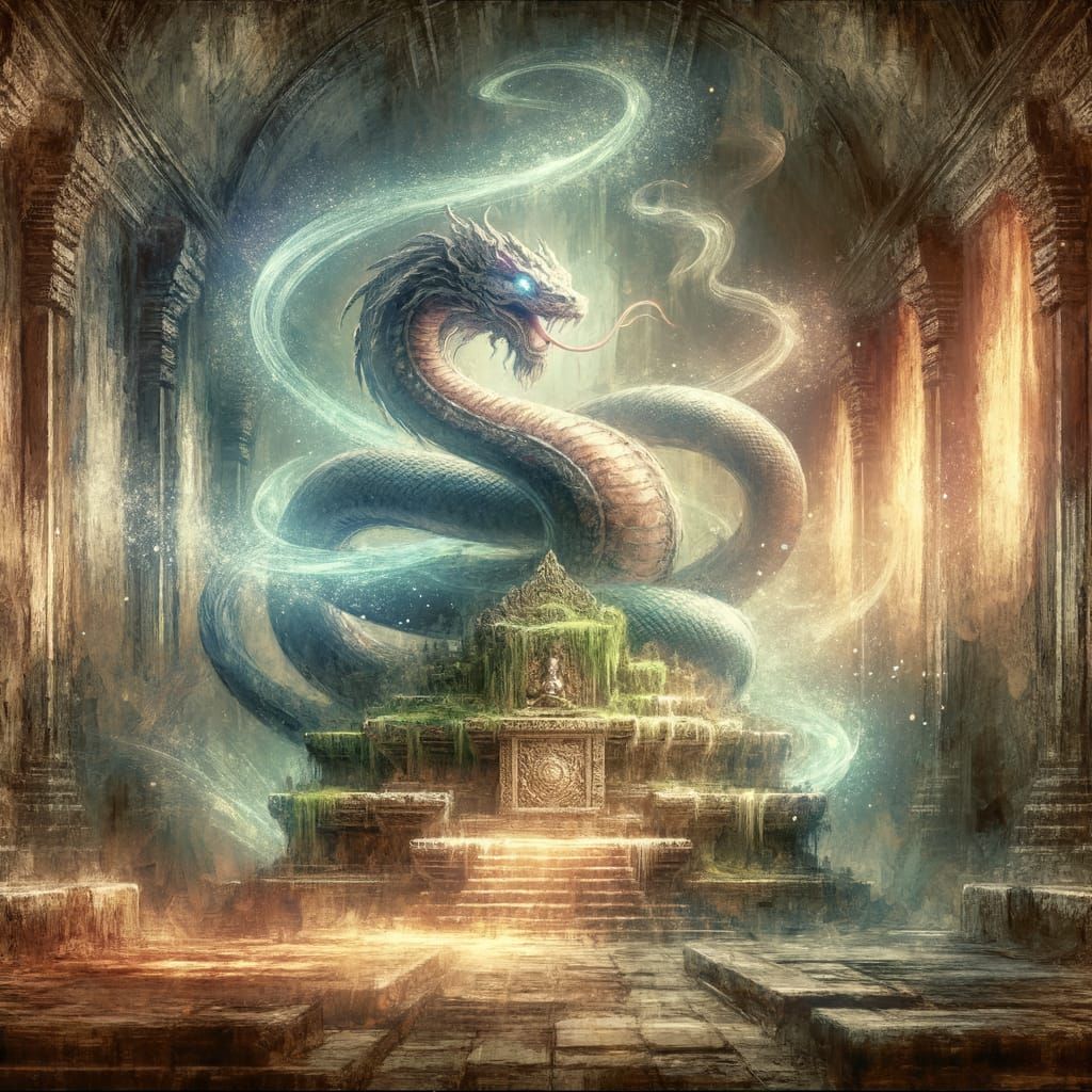 Serpent Coiled on Ancient Altar in Mossy Temple