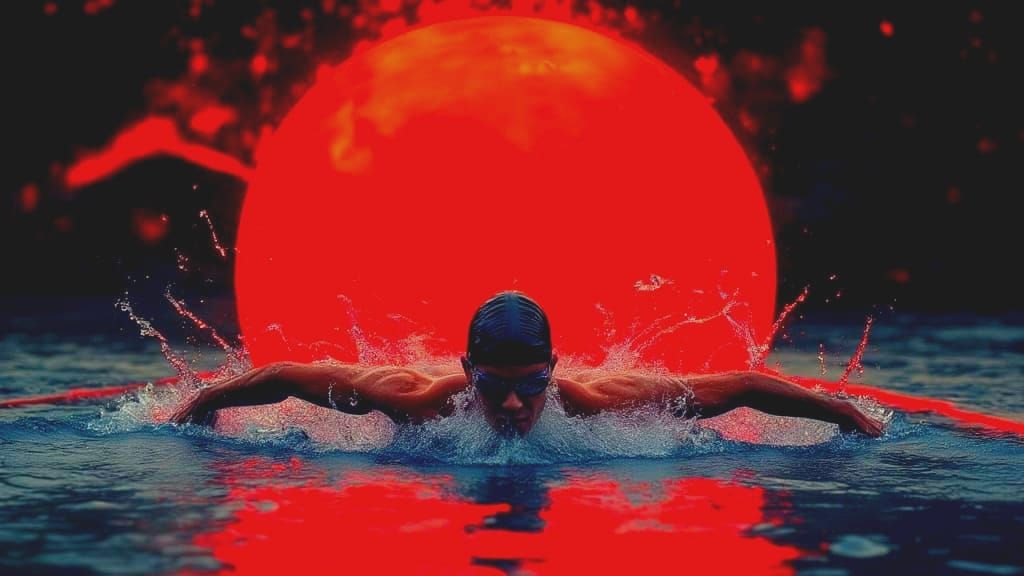 Man Swims Under Enormous Red Sun