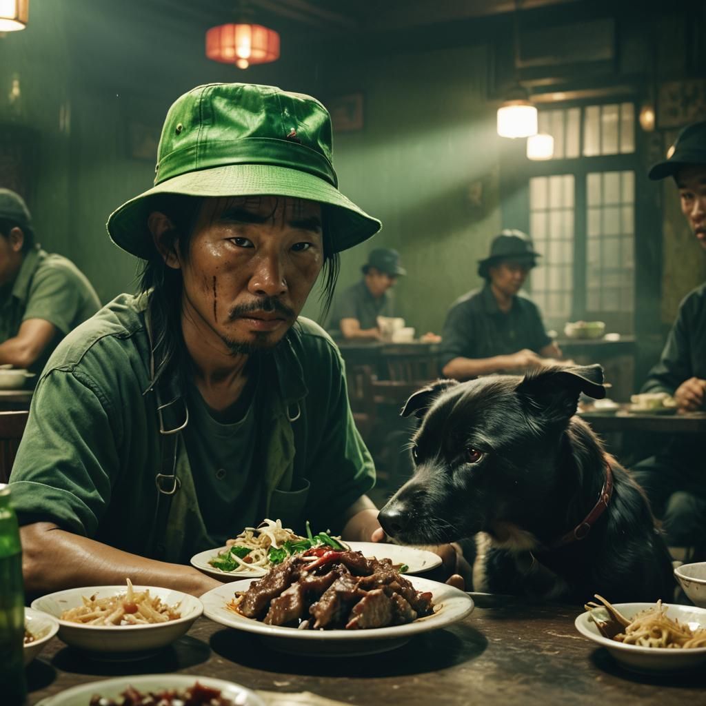 Dimly Lit Dining Hall: Sinister Film Still