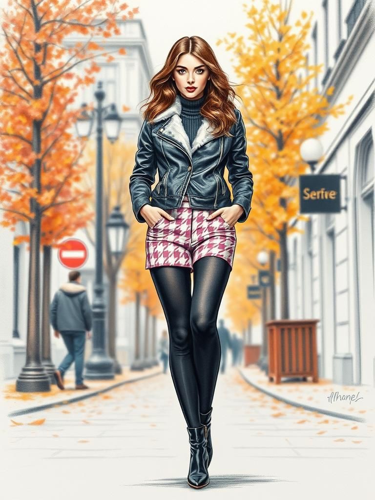 Autumn City: Brunette in Houndstooth, Pencil Drawing