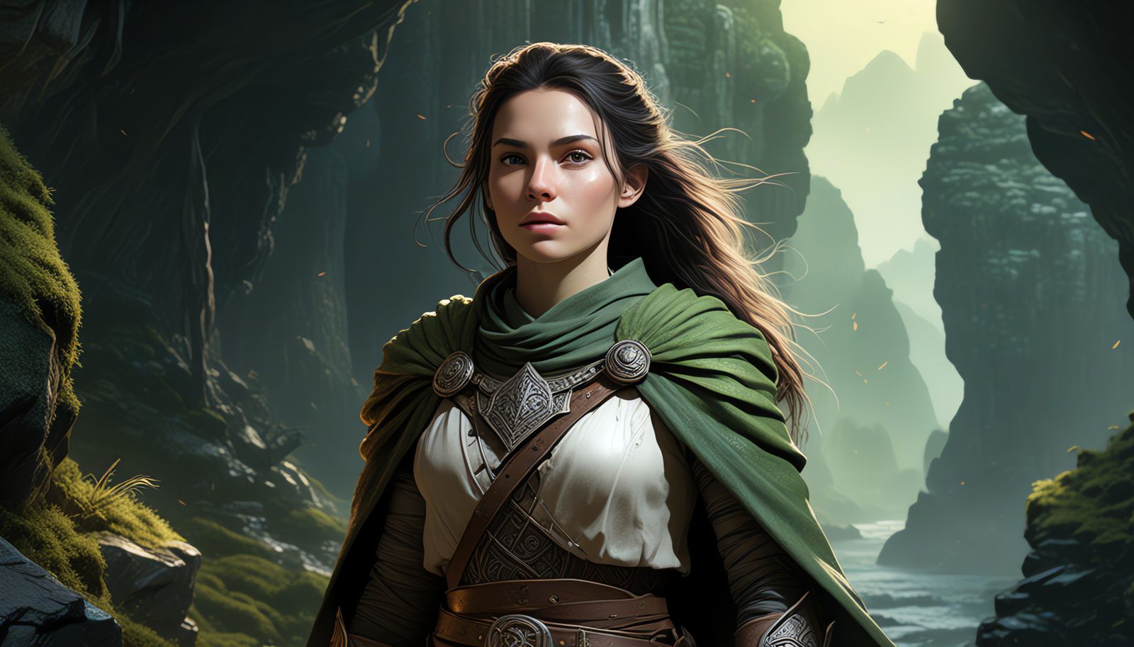 fantasy cgi-esque scene: priestess /cleric - near the sea-side dungeon entrance