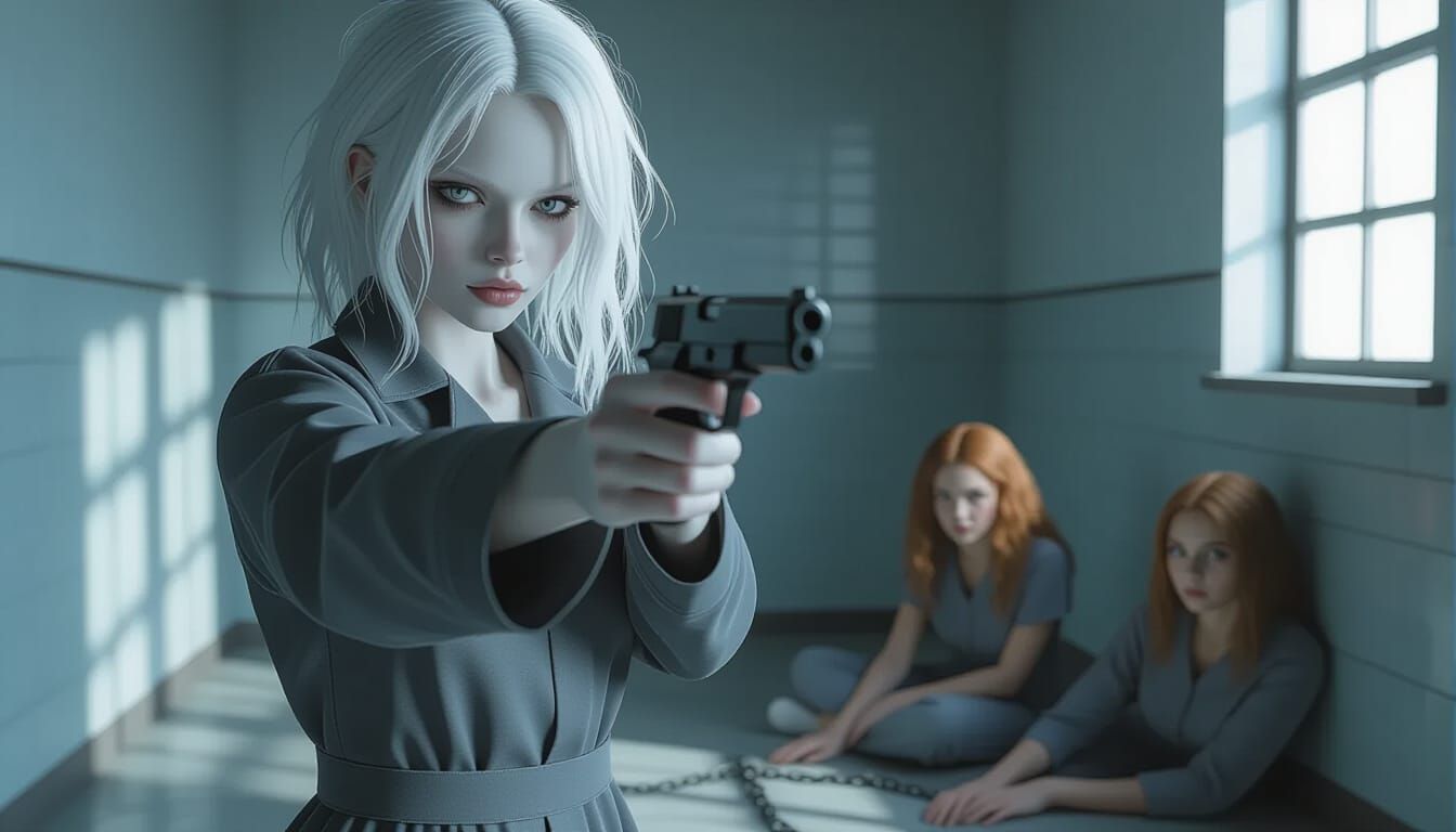 Dramatic Prison Scene with Albino Woman, Digital Illustratio...