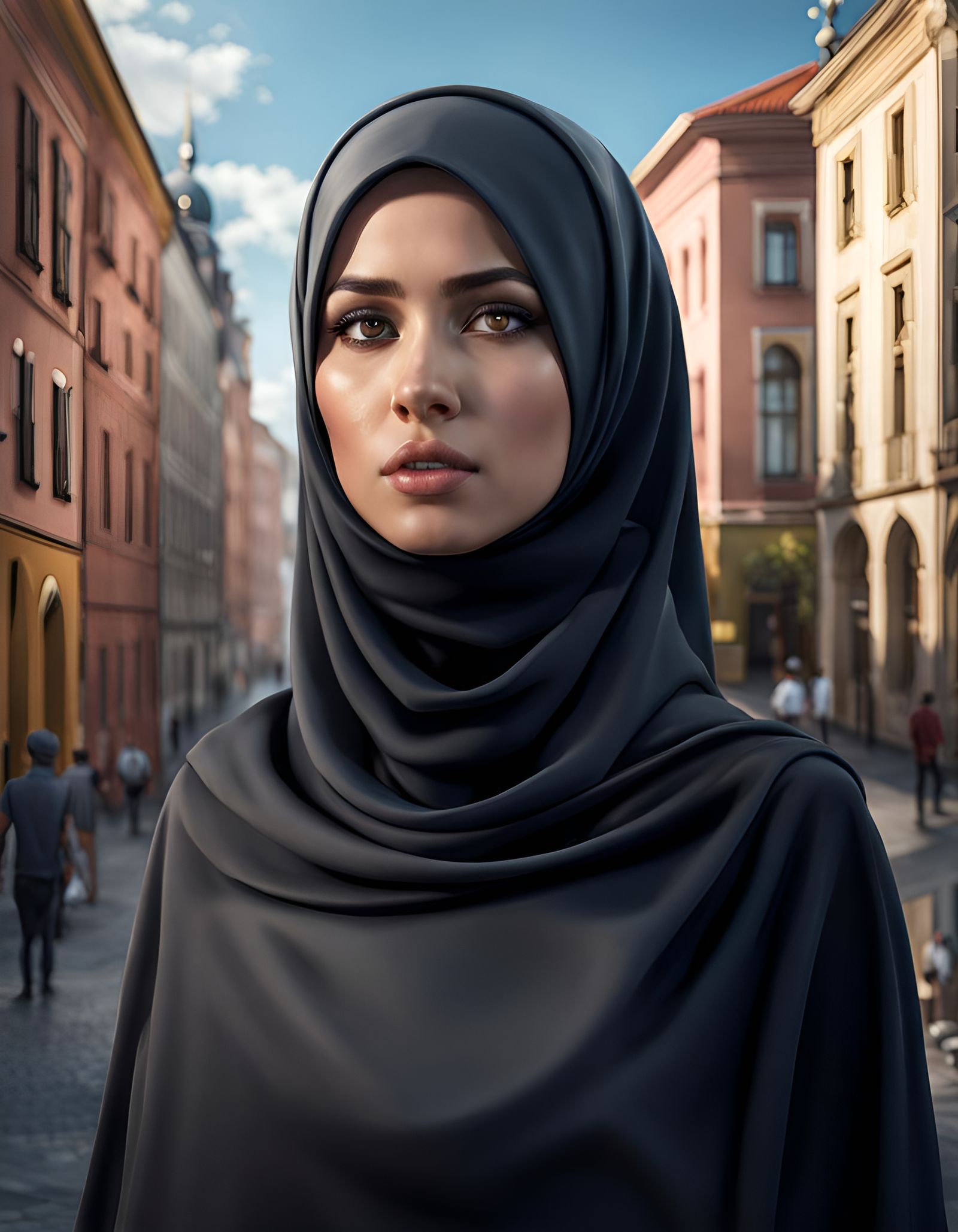 European Girl with Hijab in Modern City, Digital Art