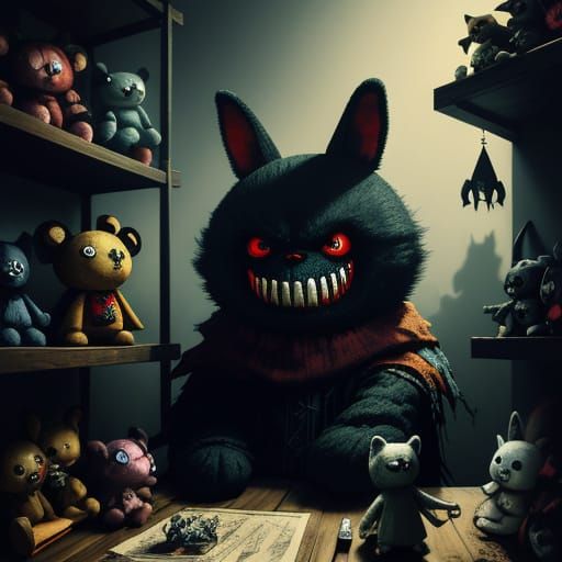 Evil Stuffed Animals on Shelf: Toy Horror Concept Art