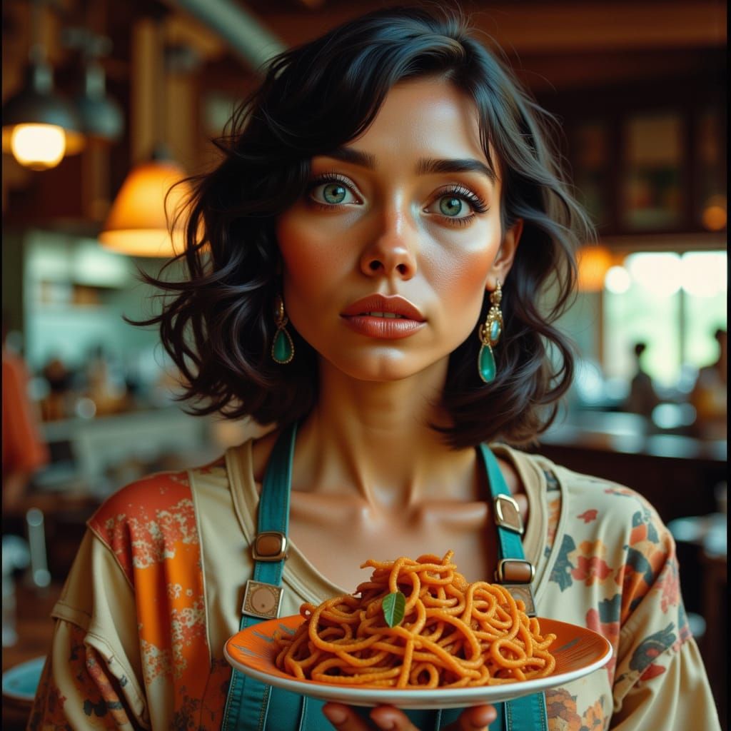 Vibrant Pasta Chef in a Retro Kitchen Scene