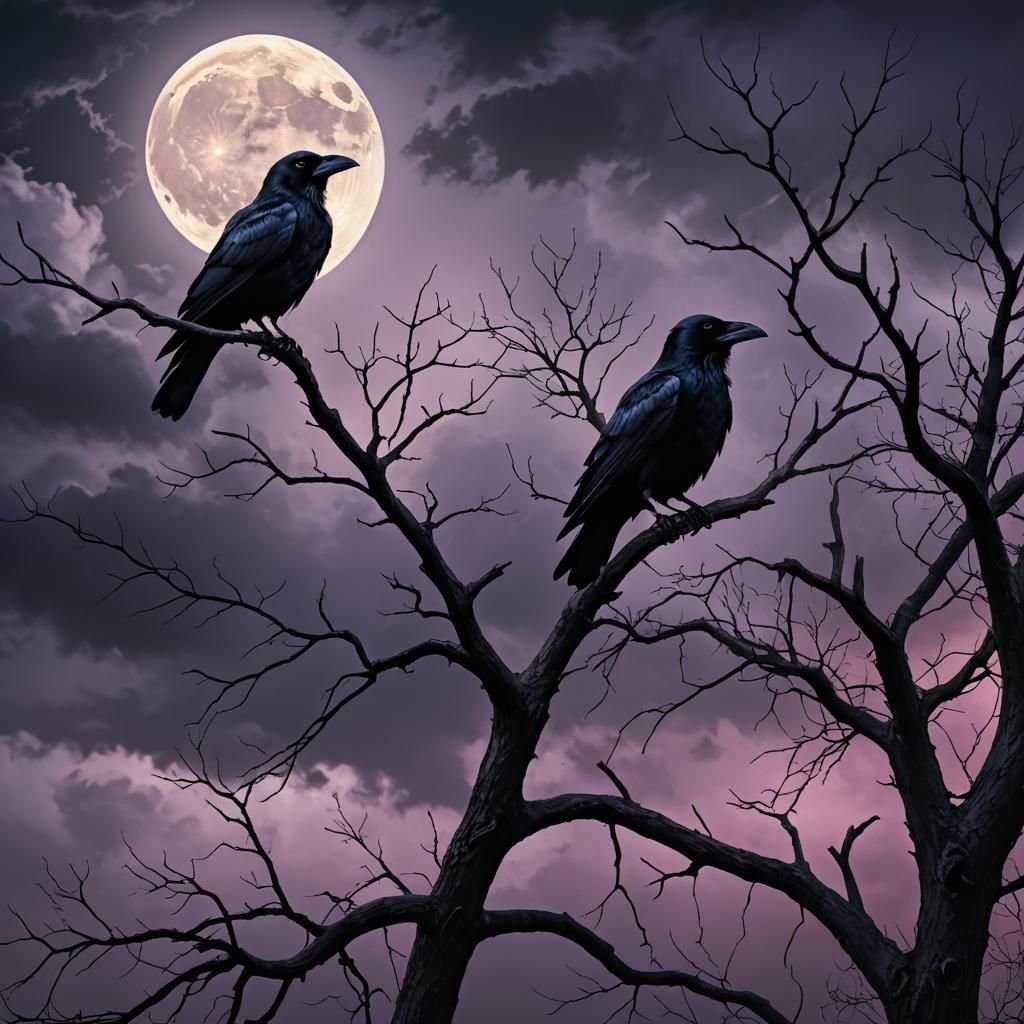 Eerie Crow Perched on Branch in Moonlight