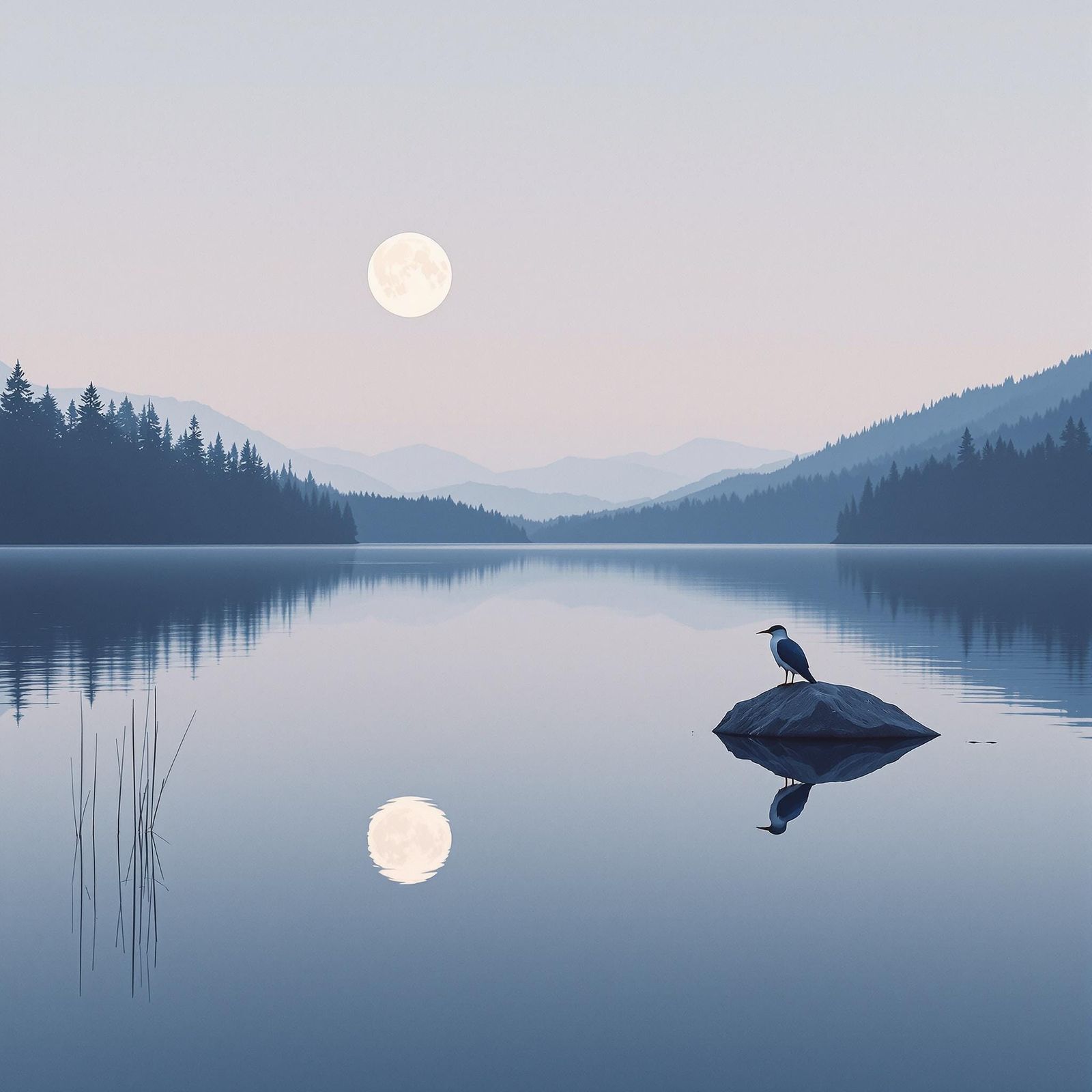 Minimalist Lake Landscape with Moon Reflection