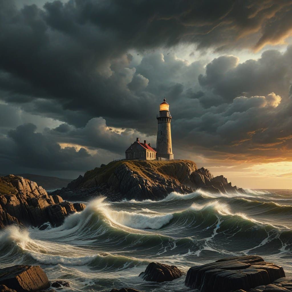 Dramatic Lighthouse Beacon on Stormy Atlantic Shore