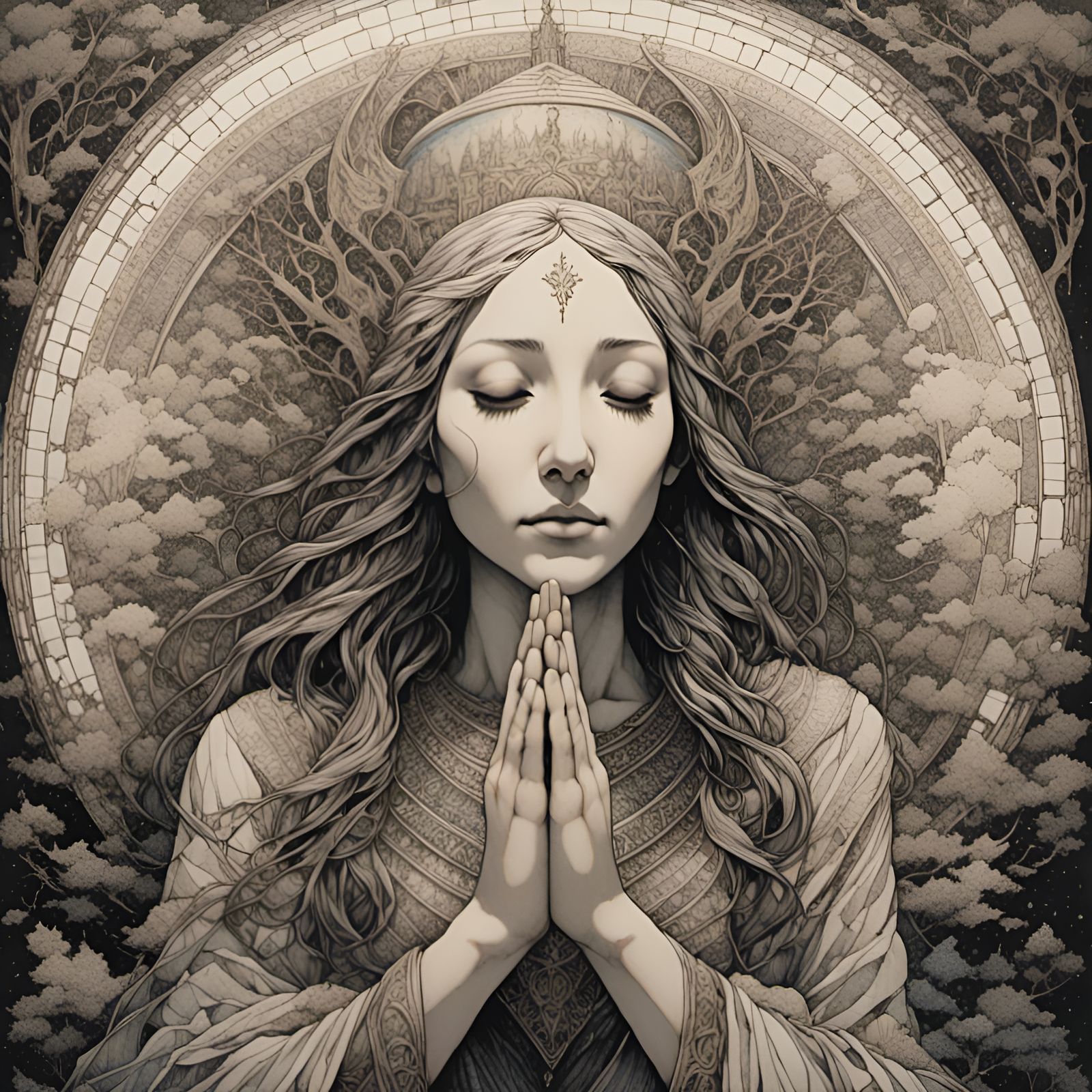 Praying Woman in Colorful Pointillism Style