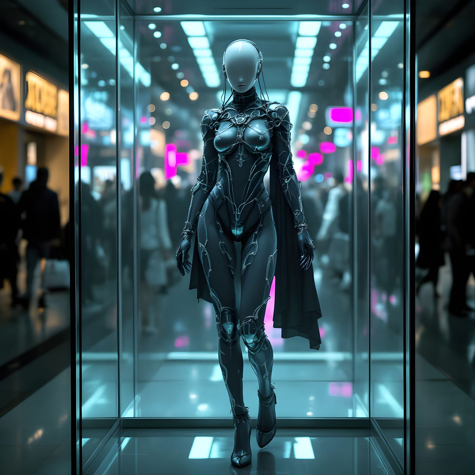 Futuristic Cyborg Woman in Display Case
