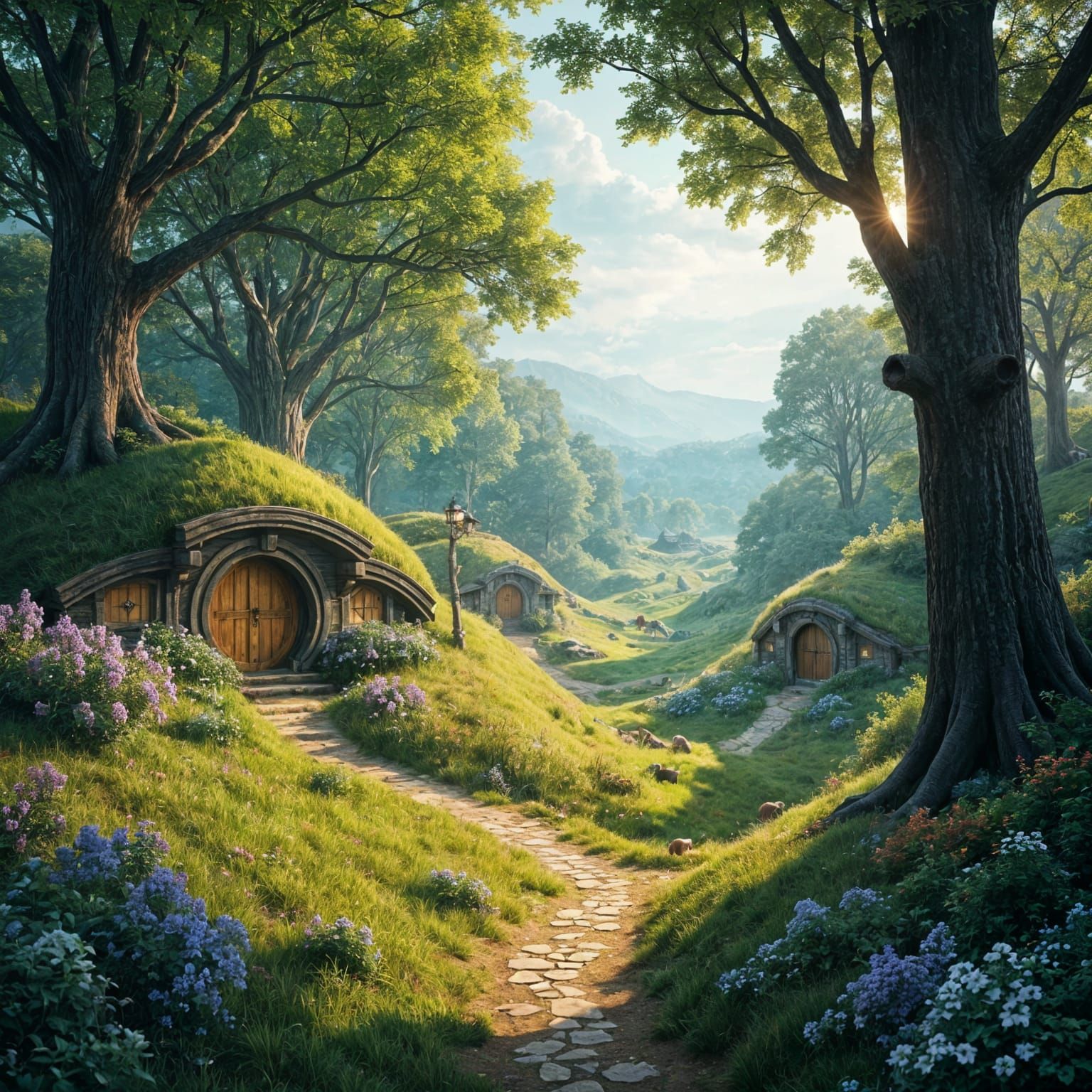 Fantasy Forest with Hobbit Homes in Detailed Matte Painting