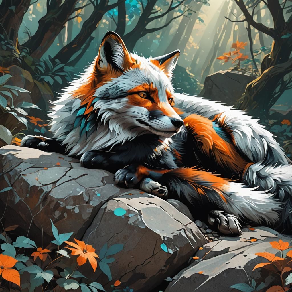 Sleeping Fox in Forest Sunlight: Alphonse Mucha-Inspired Art