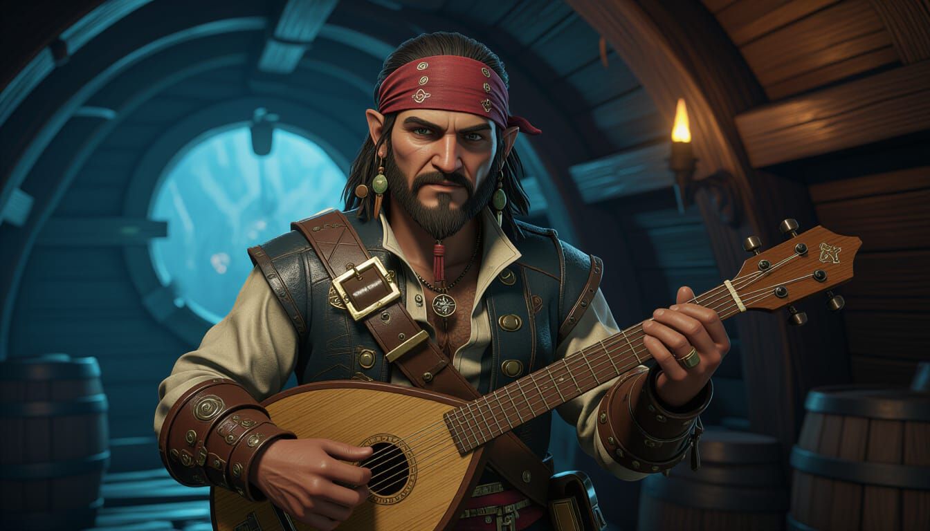 Halfling Pirate Portrait with Lute, Dramatic Lighting