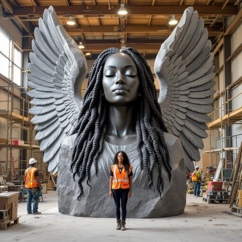 Monumental Stone Sculpture of Black Woman with Angel Wings