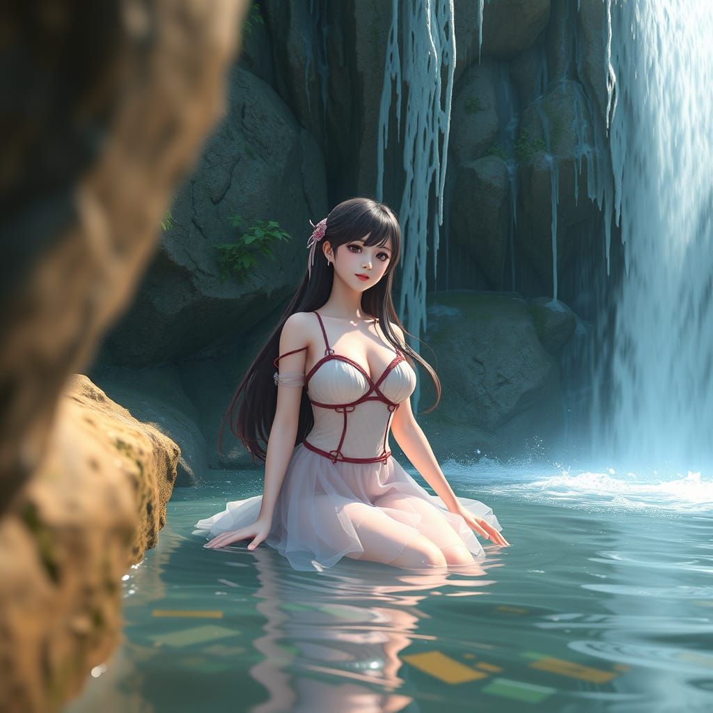 Ethereal Anime Woman Amidst Waterfall Splendor