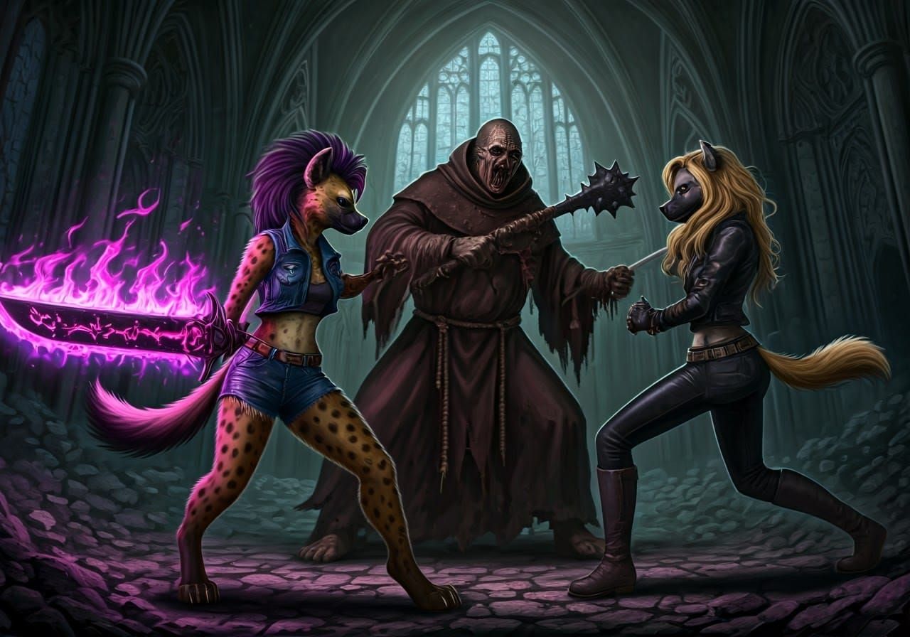 Dark Fantasy Hyena Sisters Battle Leper Monk in Ruined Monas...