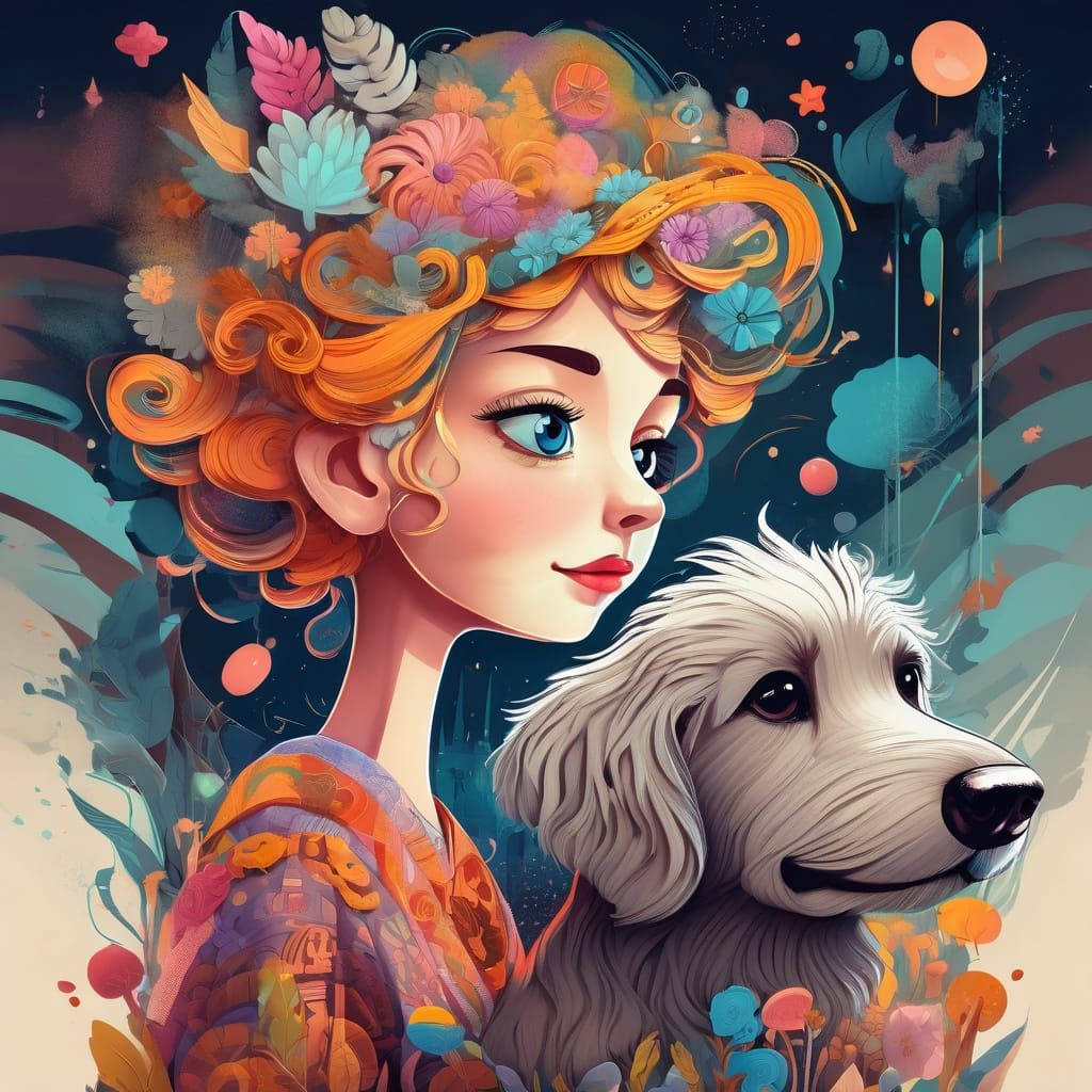 Pop Surrealism Collage: Woman and Dog in Chibi Style
