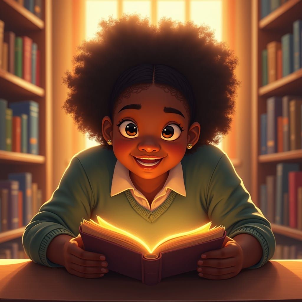 Joyful Black Teenager Reads in School Library on World Book ...