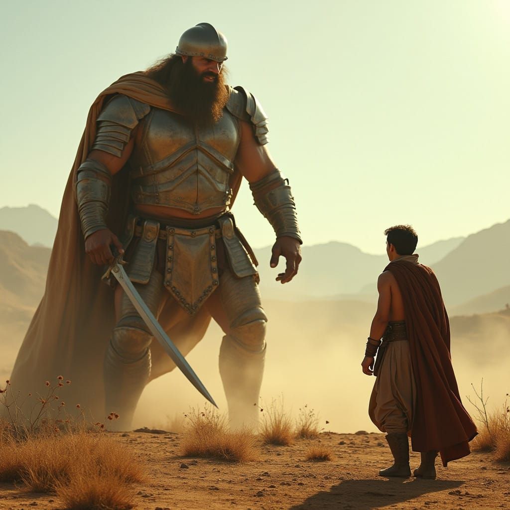 Davi Confronts Golias in a Daring Biblical Scene