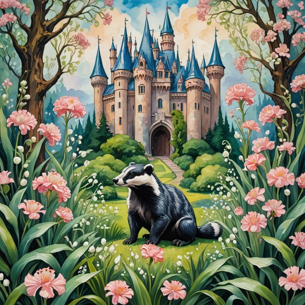 Badger and Art Nouveau Castle in Gouache Style