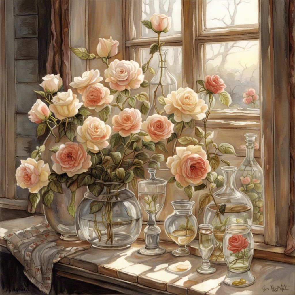 Vases of Roses on a Windowsill, Fantastical Art