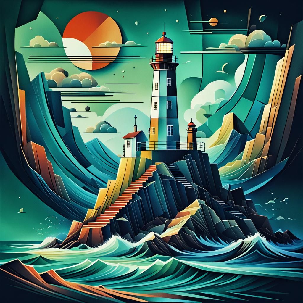 Minimalist Cubist Lighthouse in Art Deco Style