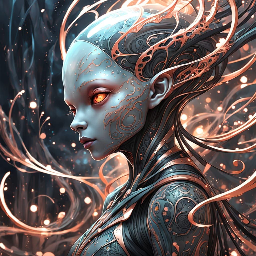 Ethereal Alien Amidst Swirling Rose Gold Chaos