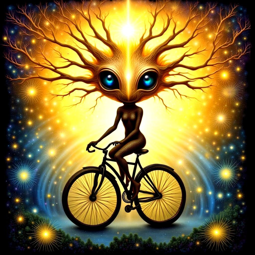 Ethereal Alien Creature Rides Bicycle Through a Golden Ray B...