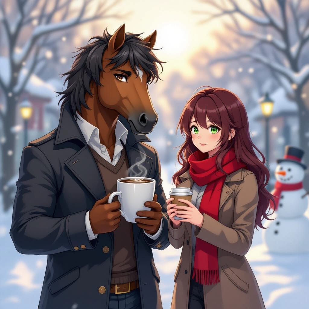 Fairytale Man with Horse Head and Coffee in Snowy Anime Styl...