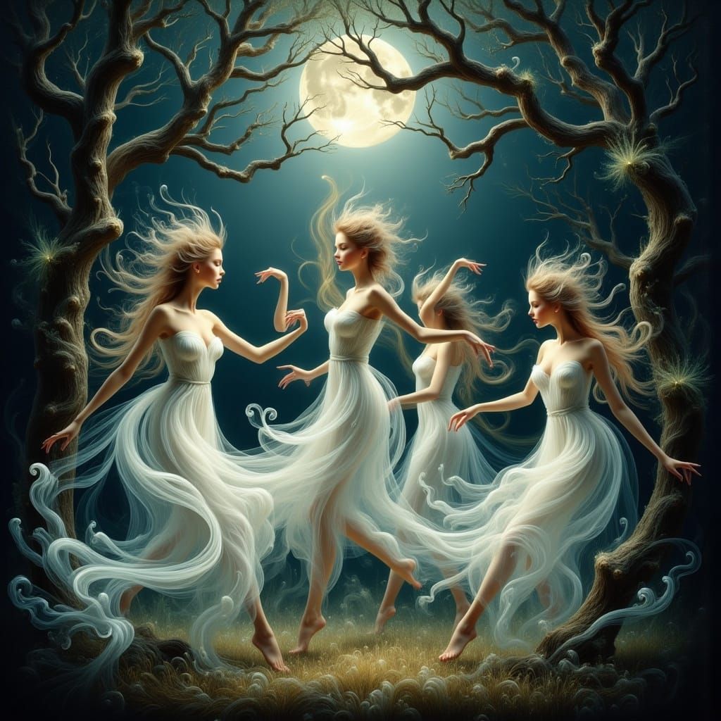 Ethereal Samodivi Dance in Moonlit Forest