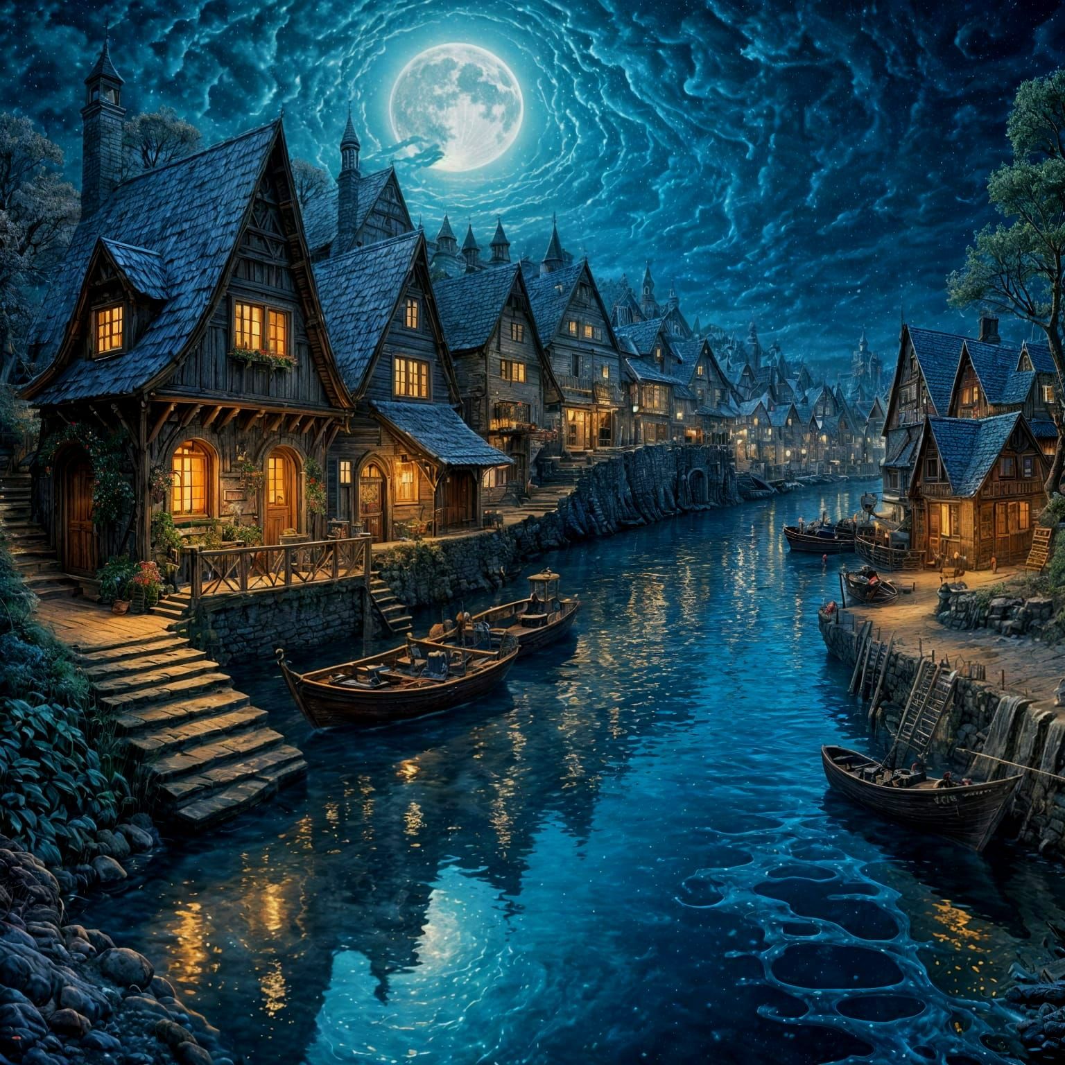 Detailed River Village Under Moonlight: Surreal Steampunk Ar...
