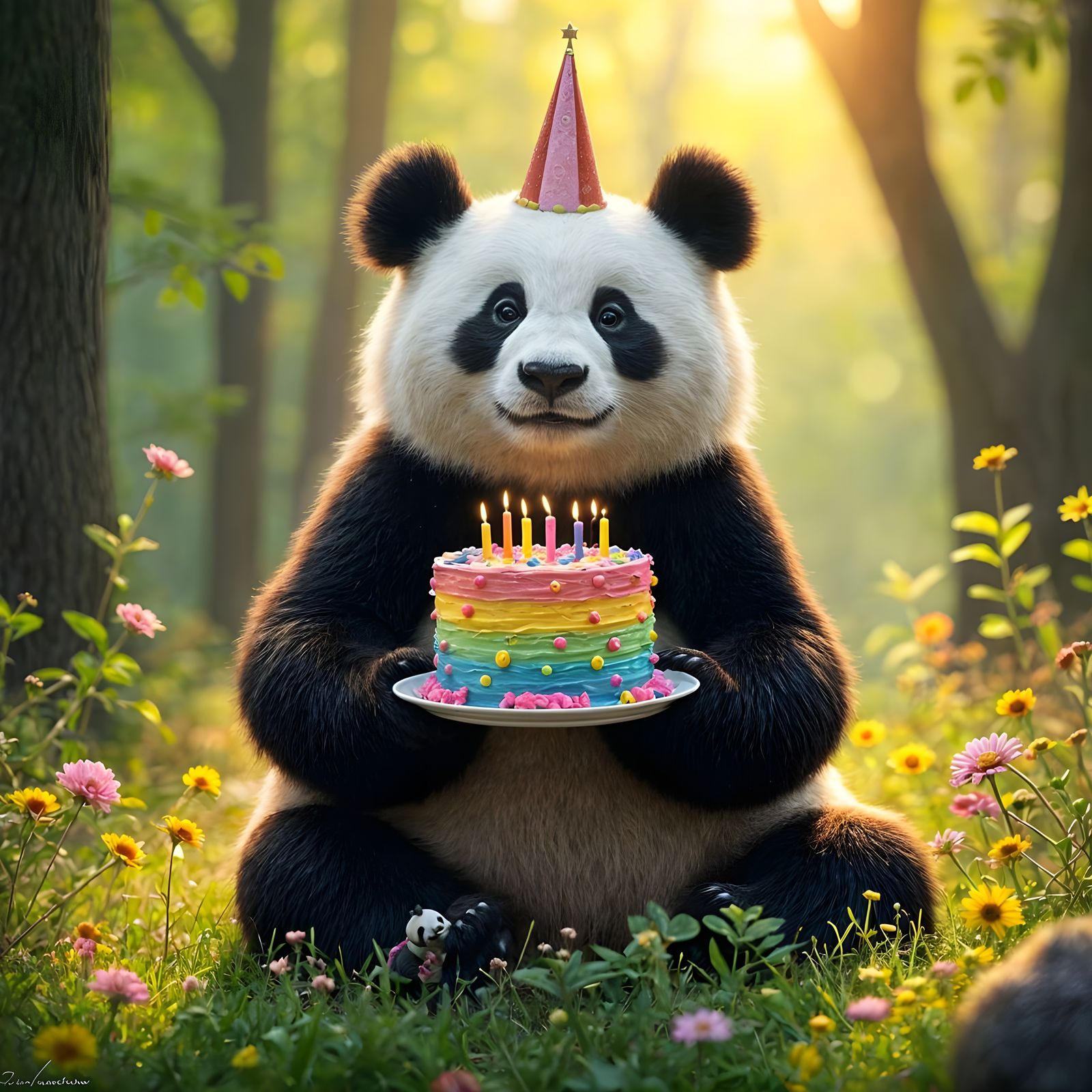 Realistic Birthday Celebration in Nature with Pandas
