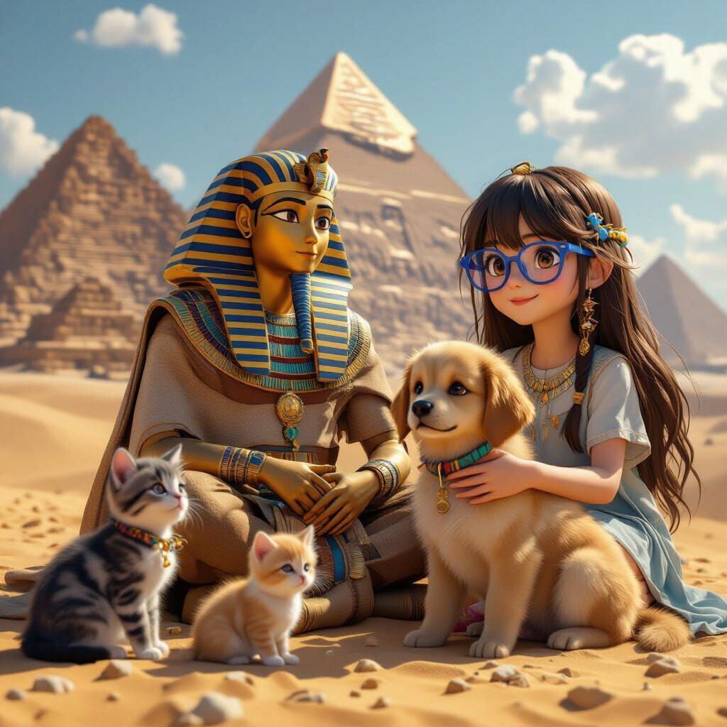Ancient Pharaoh Surrounded by Kittens, Anime Style