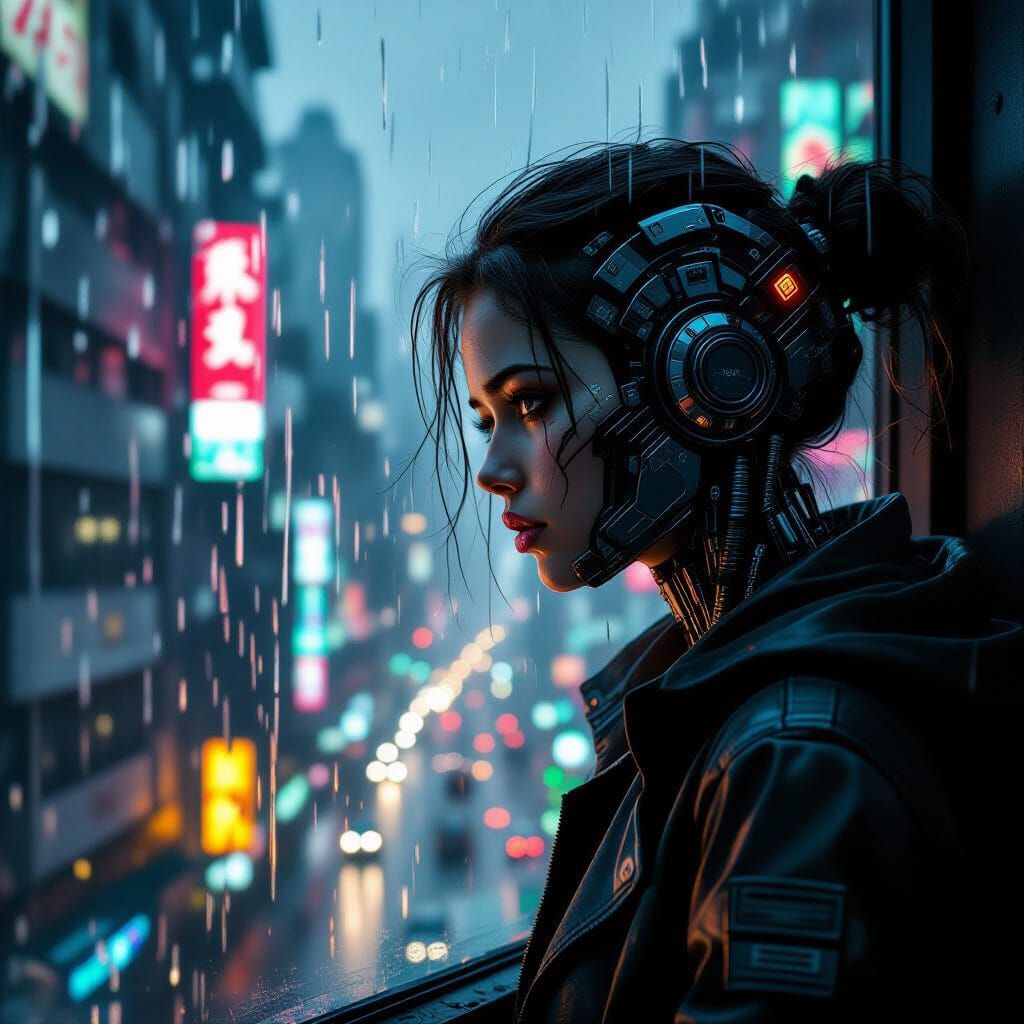 Melancholic Cyberpunk Woman in Rain
