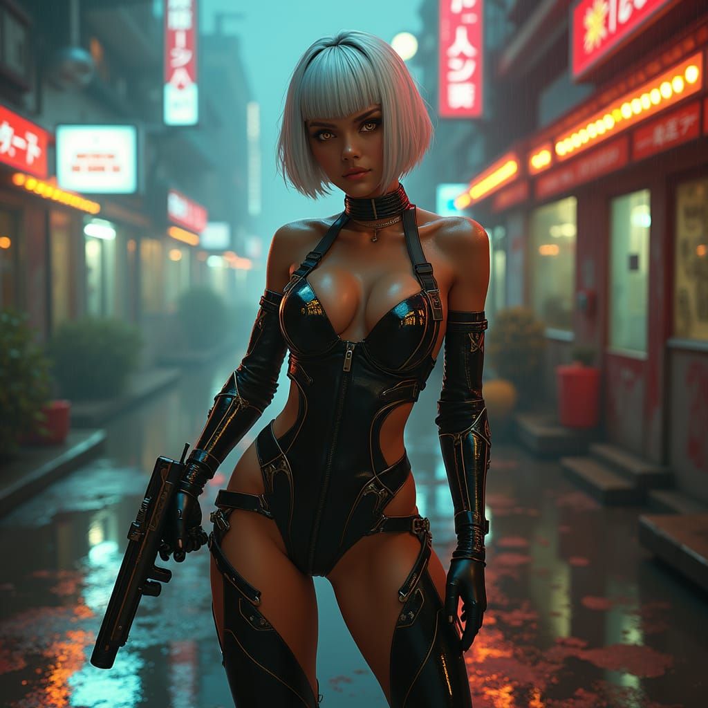 Cyberpunk Goddess Grasping a Gun, Clad in High-Tech Armor
