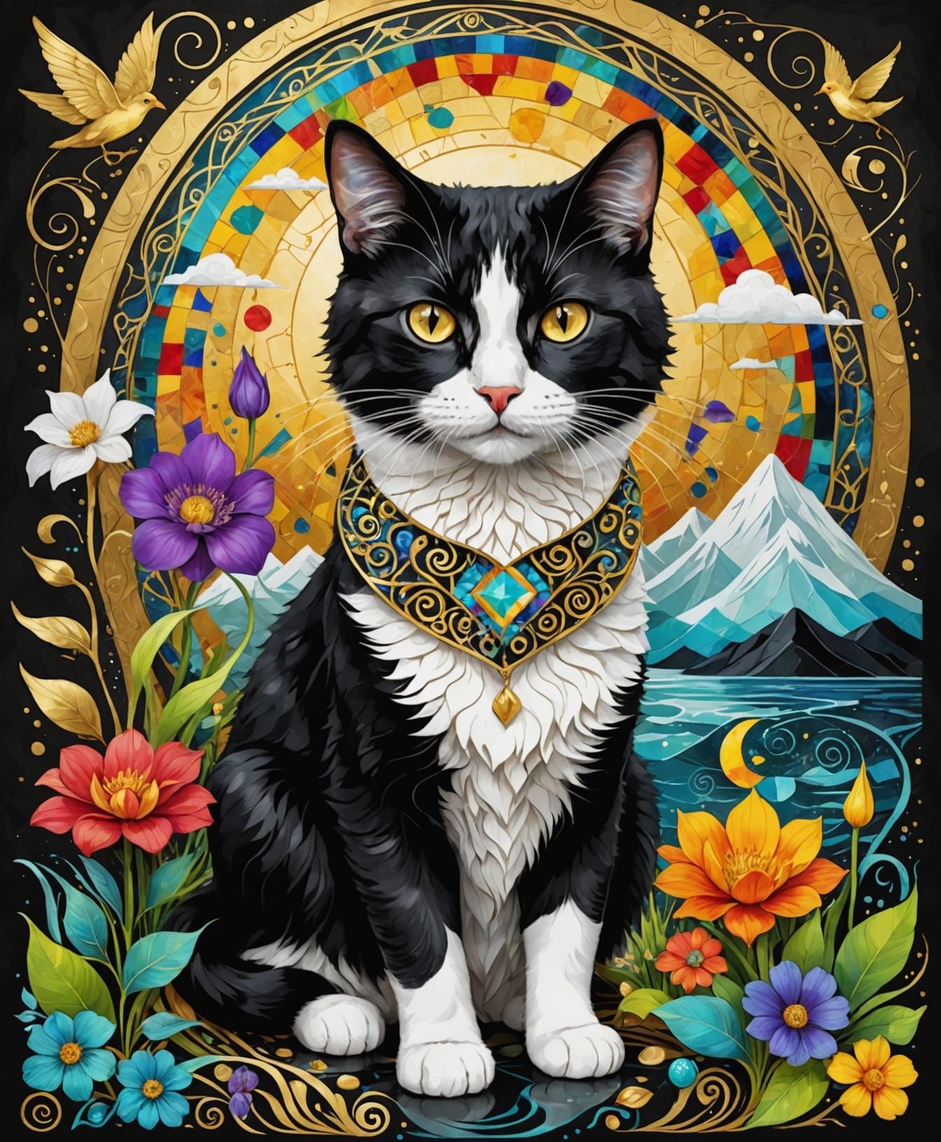 Surreal Norwegian Cat with Duckling in Kintsugi Style