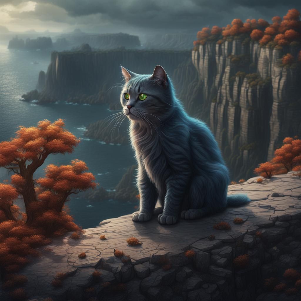 Sad Cat on Cliff: Detailed Matte Painting