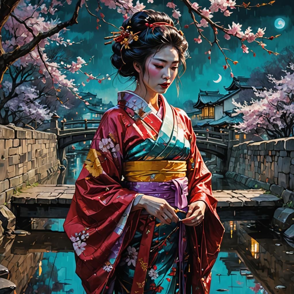 Emotional Geisha on Ancient Bridge in Dark Fantasy Art