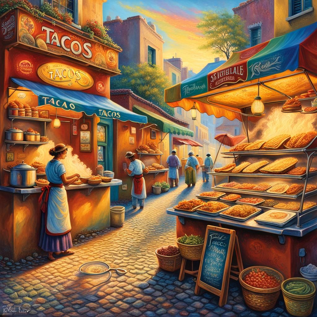 Lively Street Food Scene with Tacos in Whimsical Style