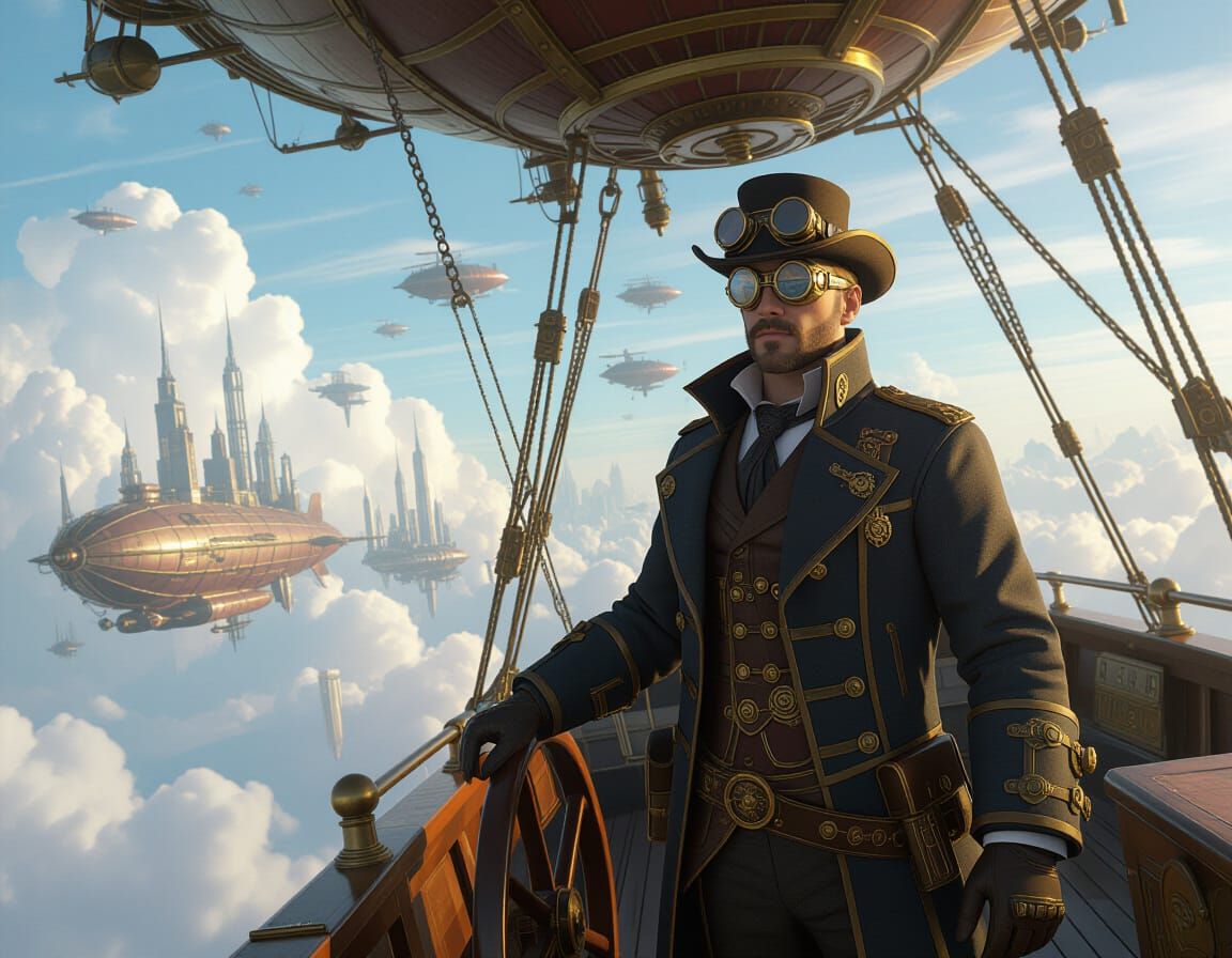 Steampunk Airship Captain Navigating Cloudy Skies