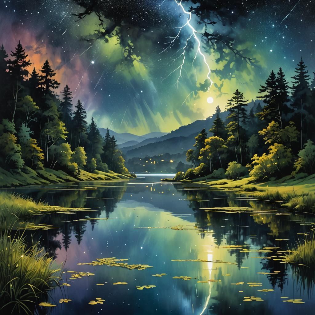 Fireflies Dance Across a Cosmic Night Sky