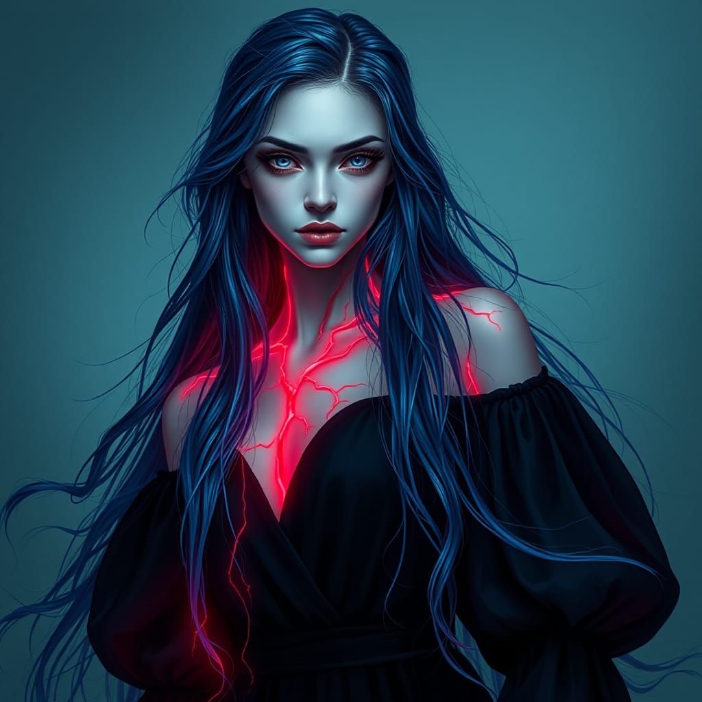 a female with veins sticking out, a red glow flowing through the veins, long flowing blue hair