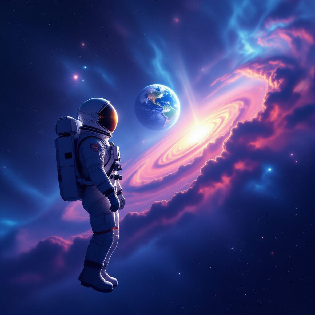 Astronaut Adrift in Ethereal Nebula Near Serene Earth