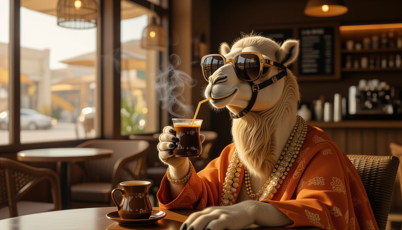 Trendy Camel Sipping Coffee in a Café