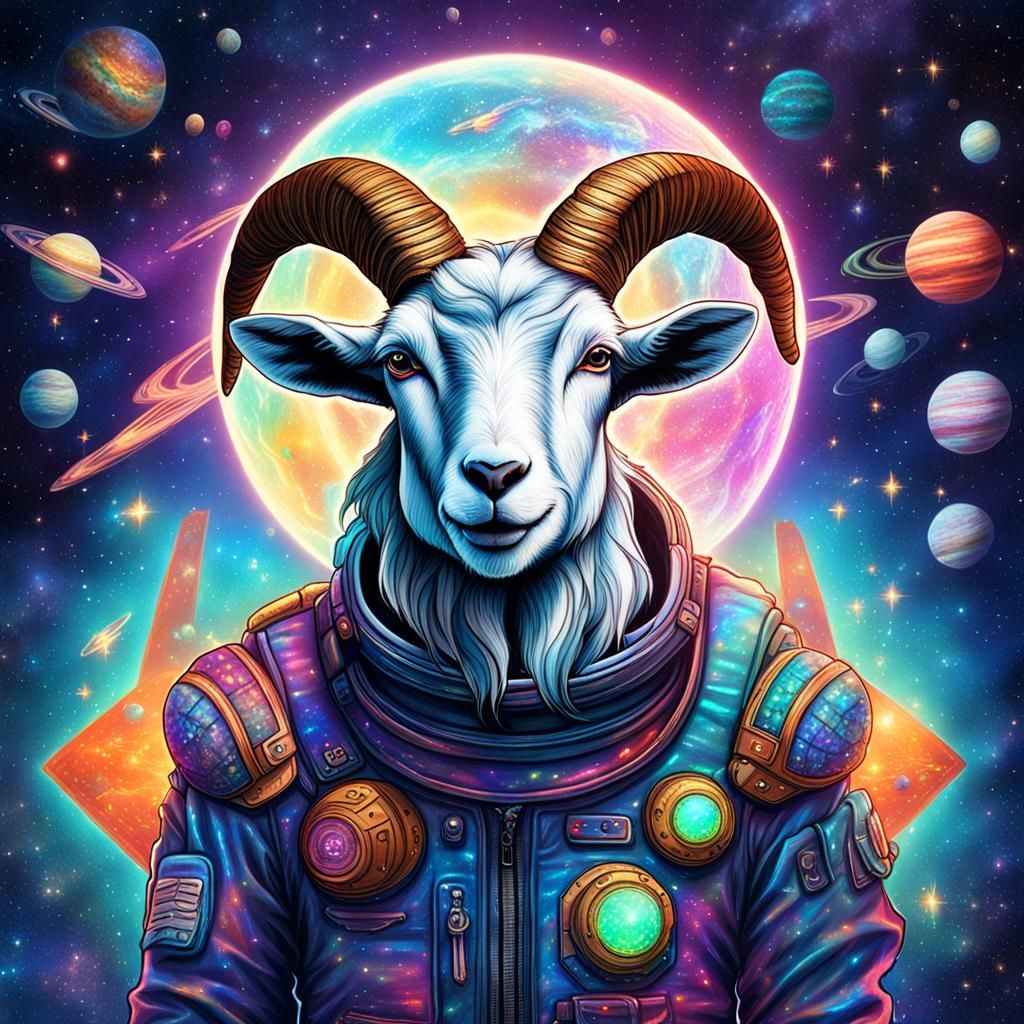 Goats Explore Space in Holographic Illustration