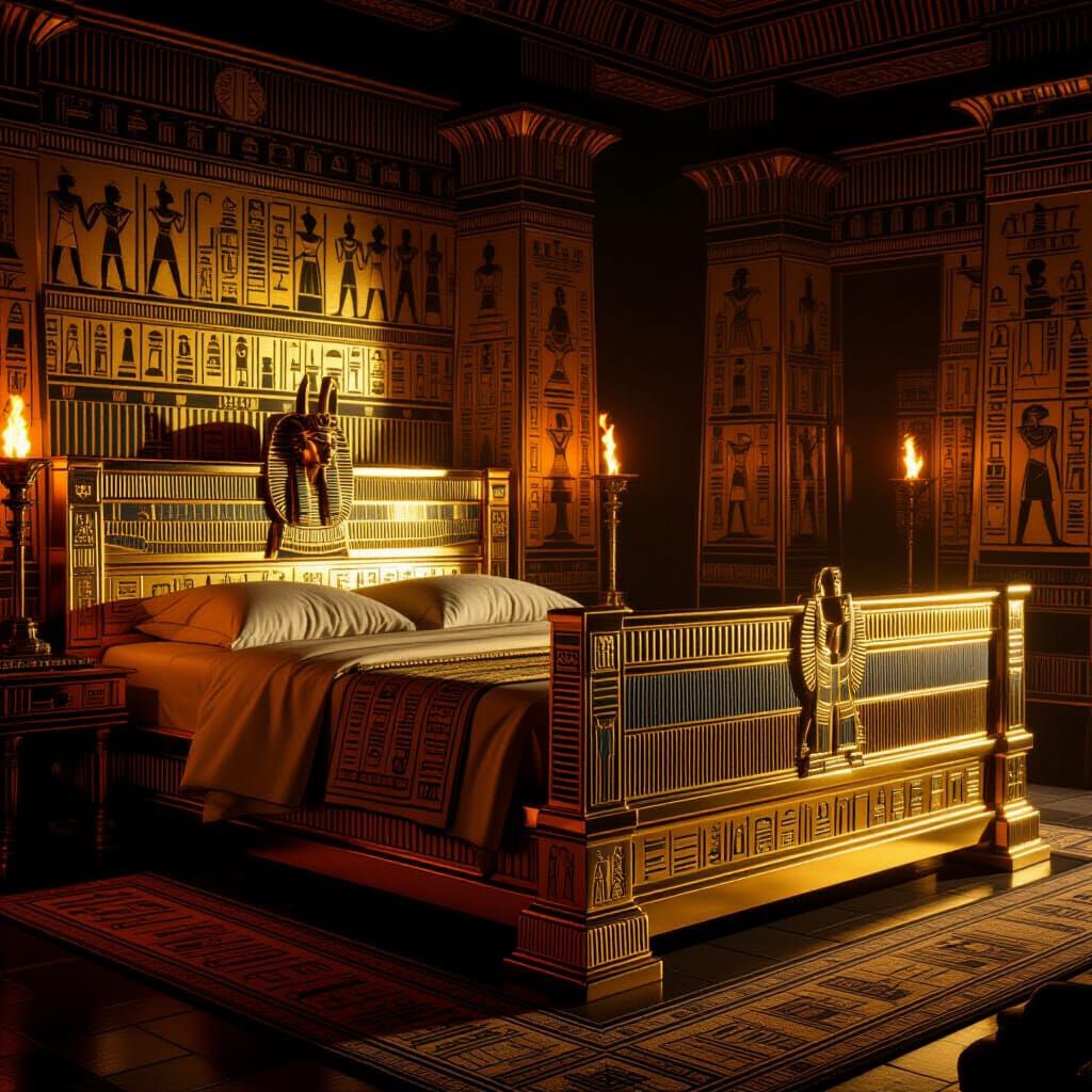 Luxurious Pharaonic Golden Bed with Hieroglyphs